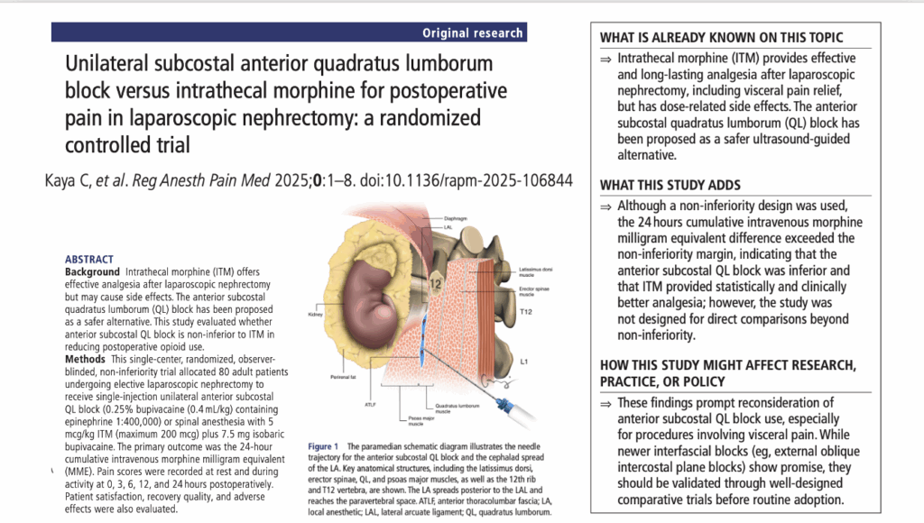 Intrathecal morphine delivers superior postoperative relief over QL block in laparoscopic nephrectomy