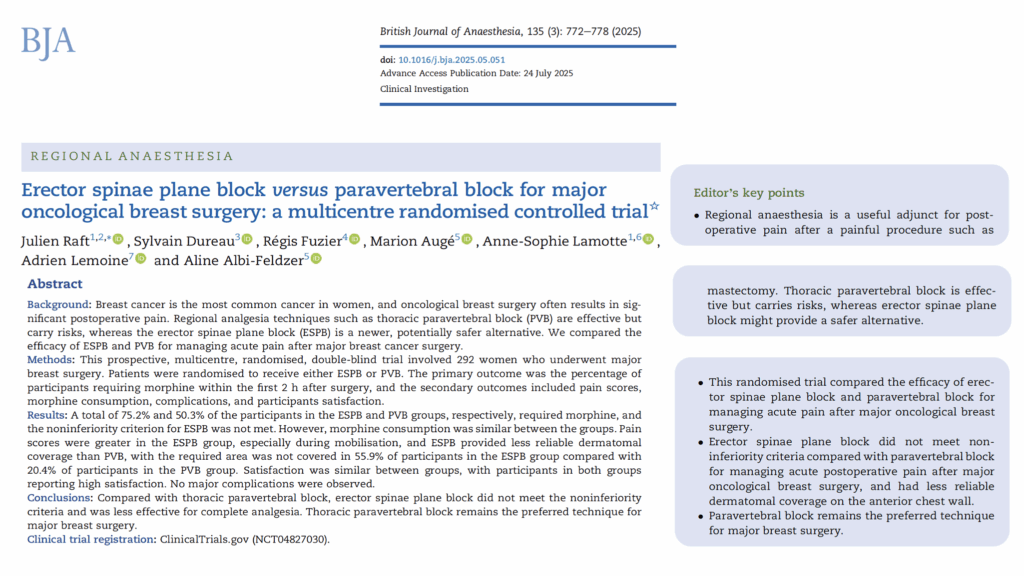 Thoracic paravertebral block still outperforms ESPB for major breast surgery